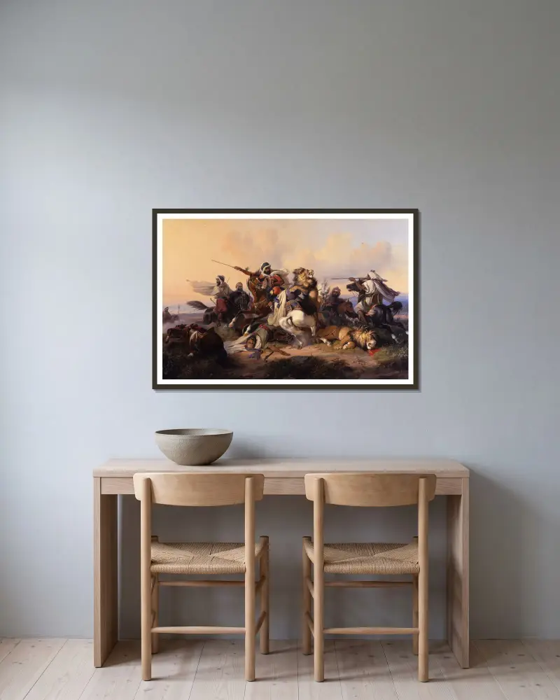 The Lion hunt av Raden Saleh inramad på en vägg