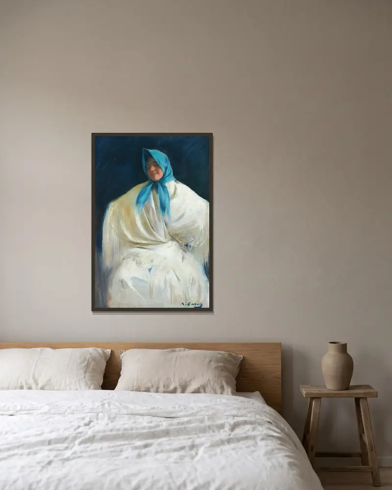 Chula con Pañuelo Azul (Mädchen mit blauem Halstuch) von Ramón Casas gerahmt an einer Wand