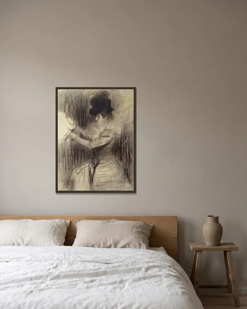 Weibliche Figur von Ramón Casas gerahmt an einer Wand