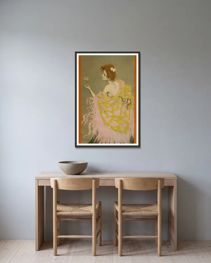 Original design for the poster ‘Sífilis’ av Ramón Casas inramad på en vägg