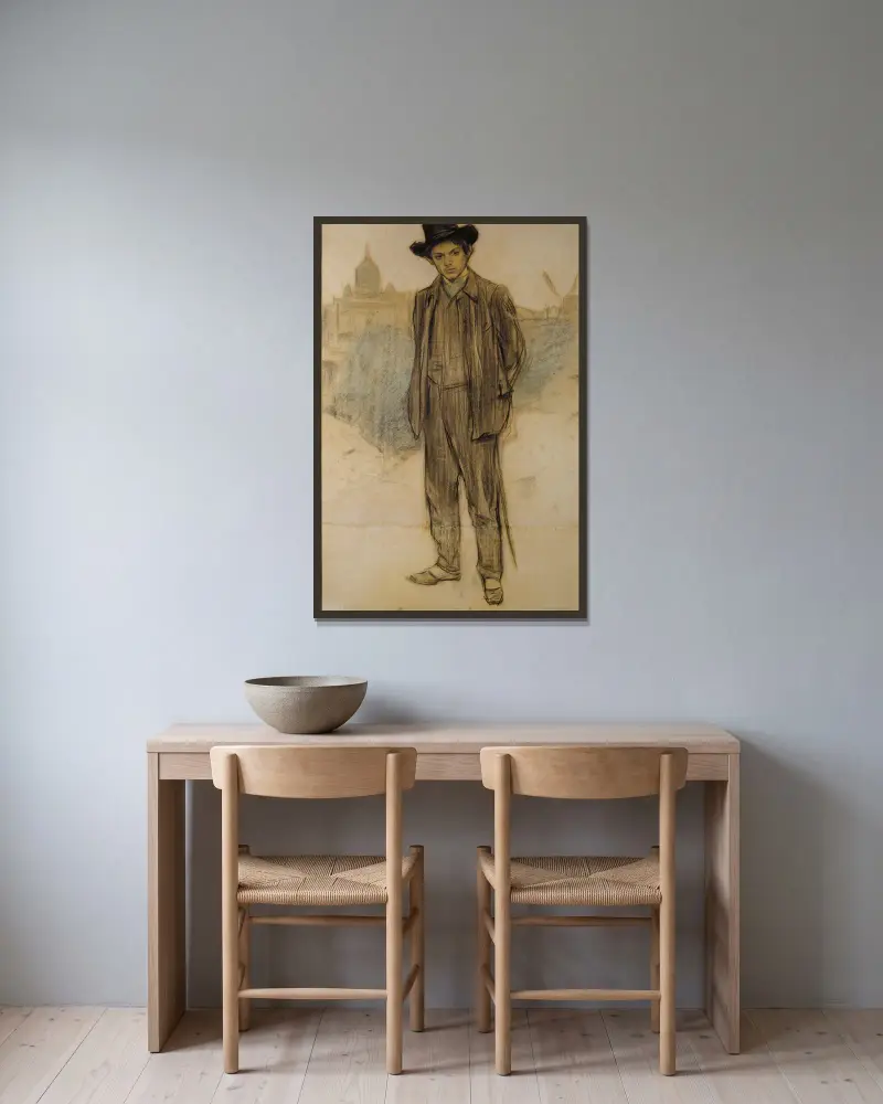 Portrait of Pablo Picasso av Ramón Casas inramad på en vägg
