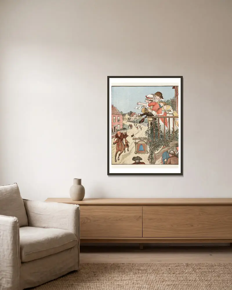 Die lustige Geschichte von John Gilpin, Tafel 5 von Randolph Caldecott gerahmt an einer Wand