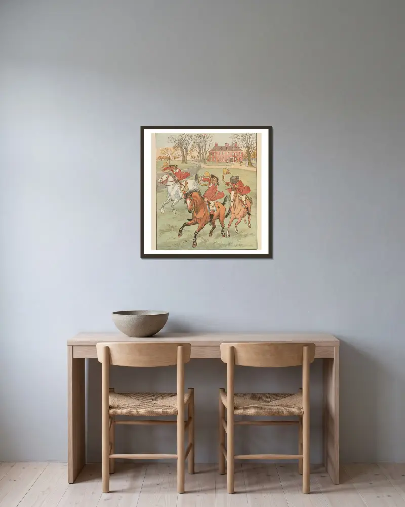Die drei fröhlichen Jäger, Tafel 2 von Randolph Caldecott gerahmt an einer Wand