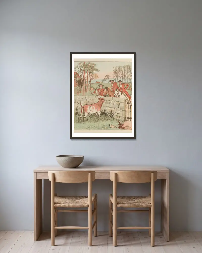 The Three Jovial Huntsmen Pl.5 av Randolph Caldecott inramad på en vägg