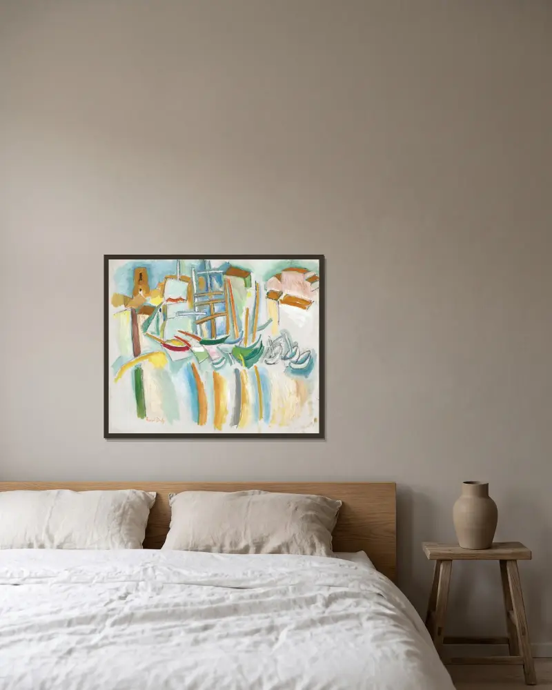 Båtar och småbåtar i Martigues av Raoul Dufy inramad på en vägg