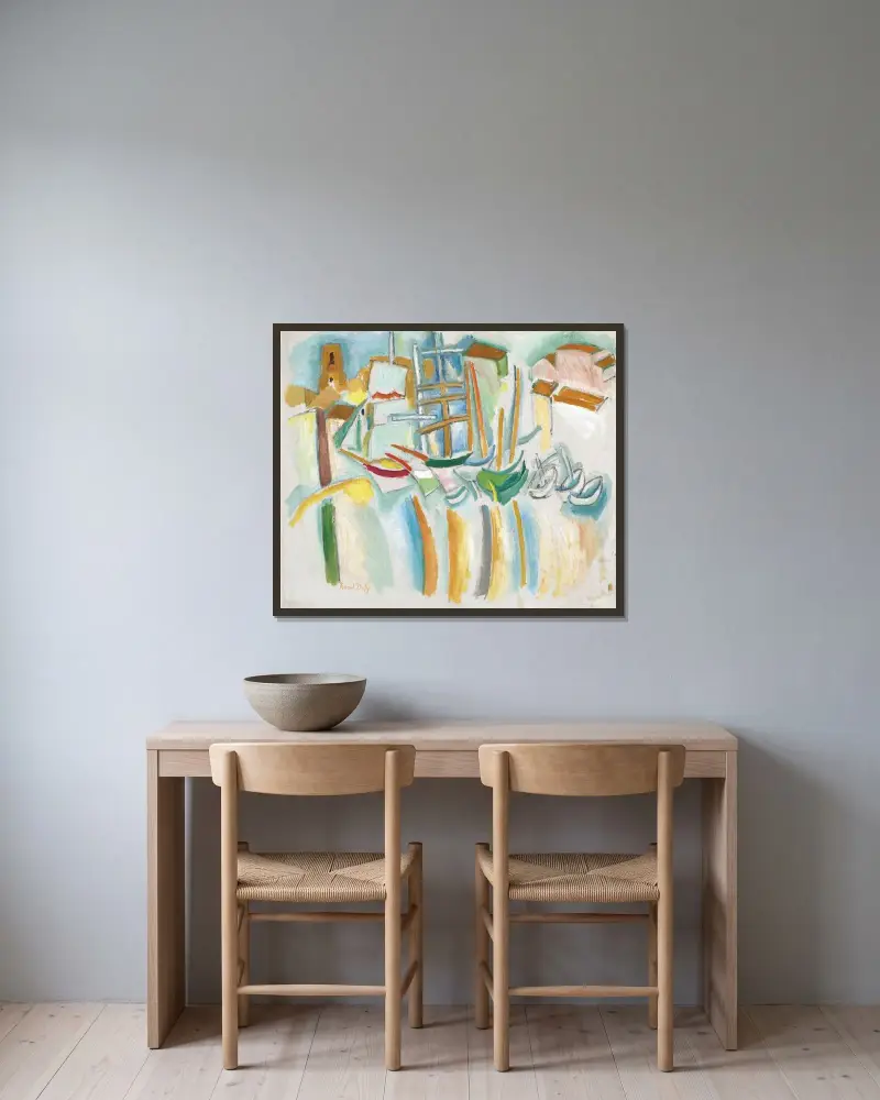 Båtar och småbåtar i Martigues av Raoul Dufy inramad på en vägg