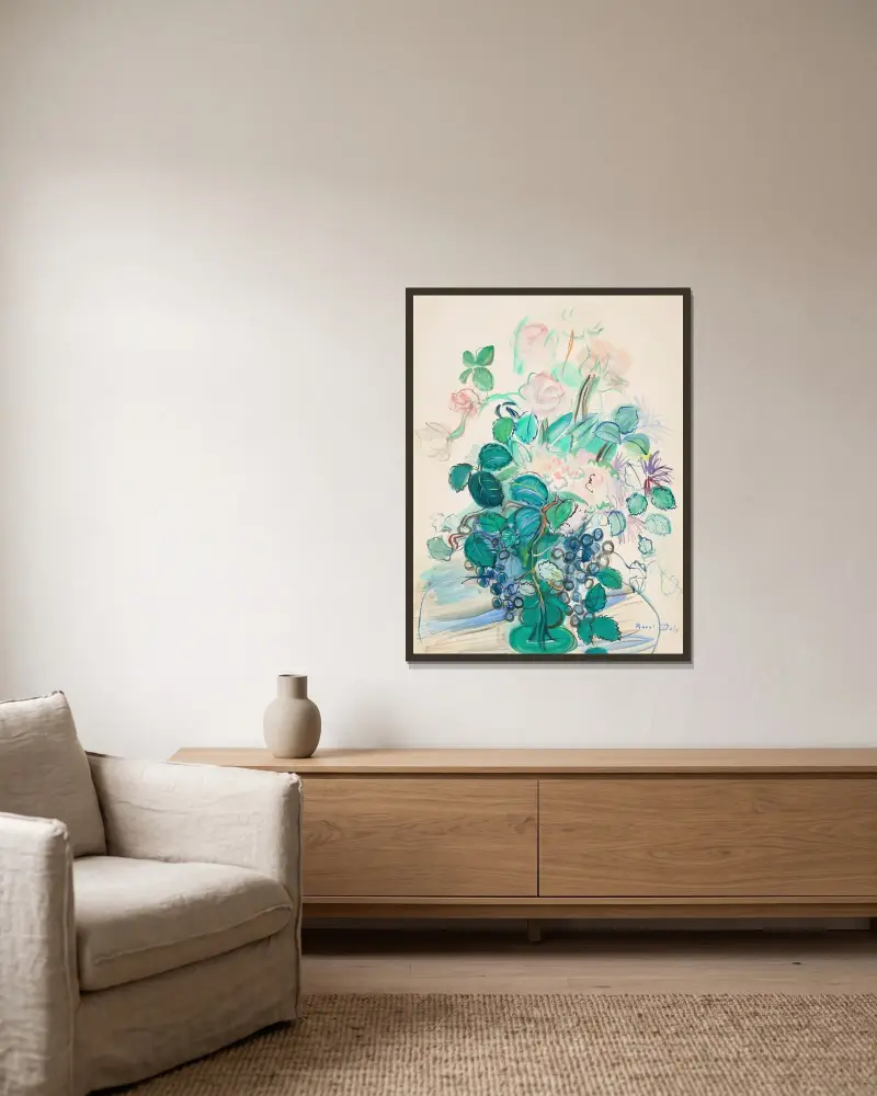 Bukett med druvklase och rosor av Raoul Dufy inramad på en vägg