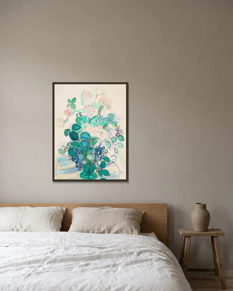 Bukett med druvklase och rosor av Raoul Dufy inramad på en vägg