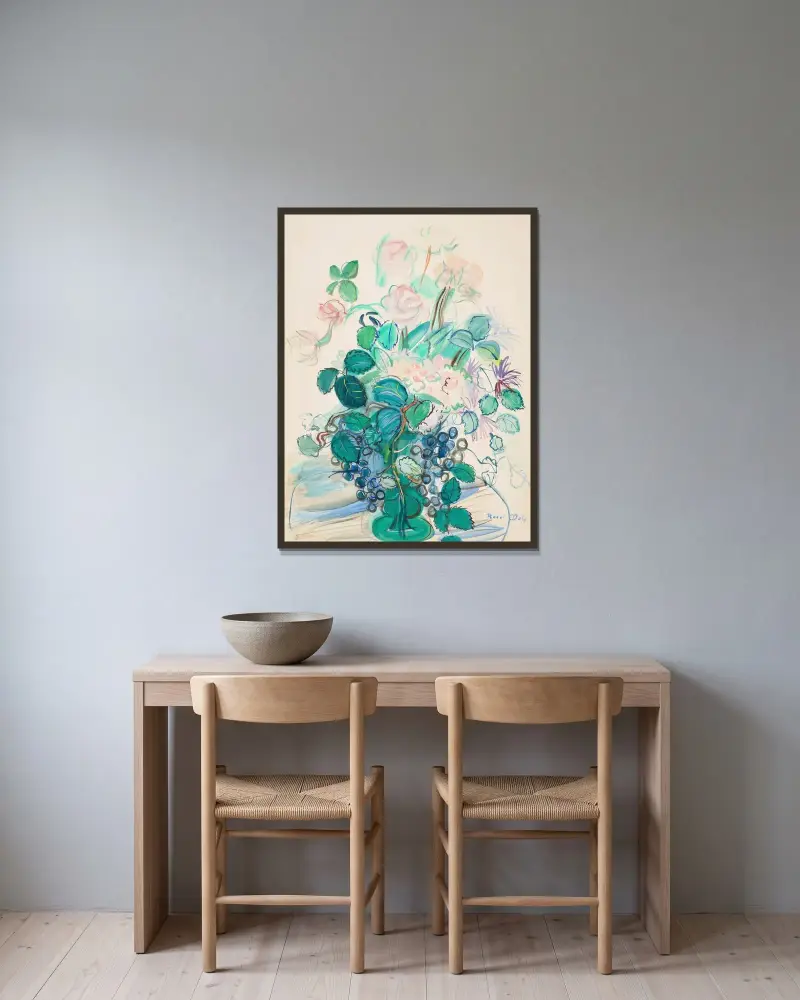 Bukett med druvklase och rosor av Raoul Dufy inramad på en vägg