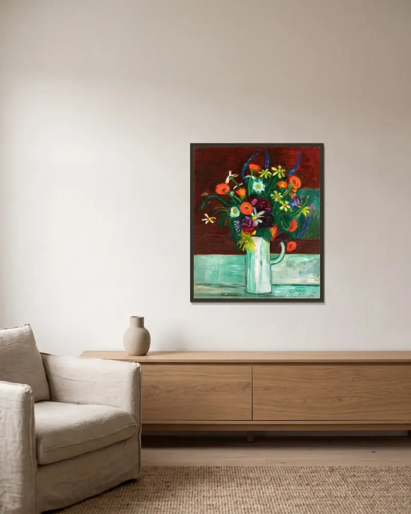 Blomsterbukett i vas av Raoul Dufy inramad på en vägg