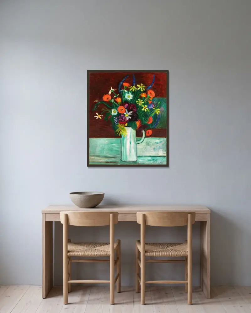 Blomsterbukett i vas av Raoul Dufy inramad på en vägg