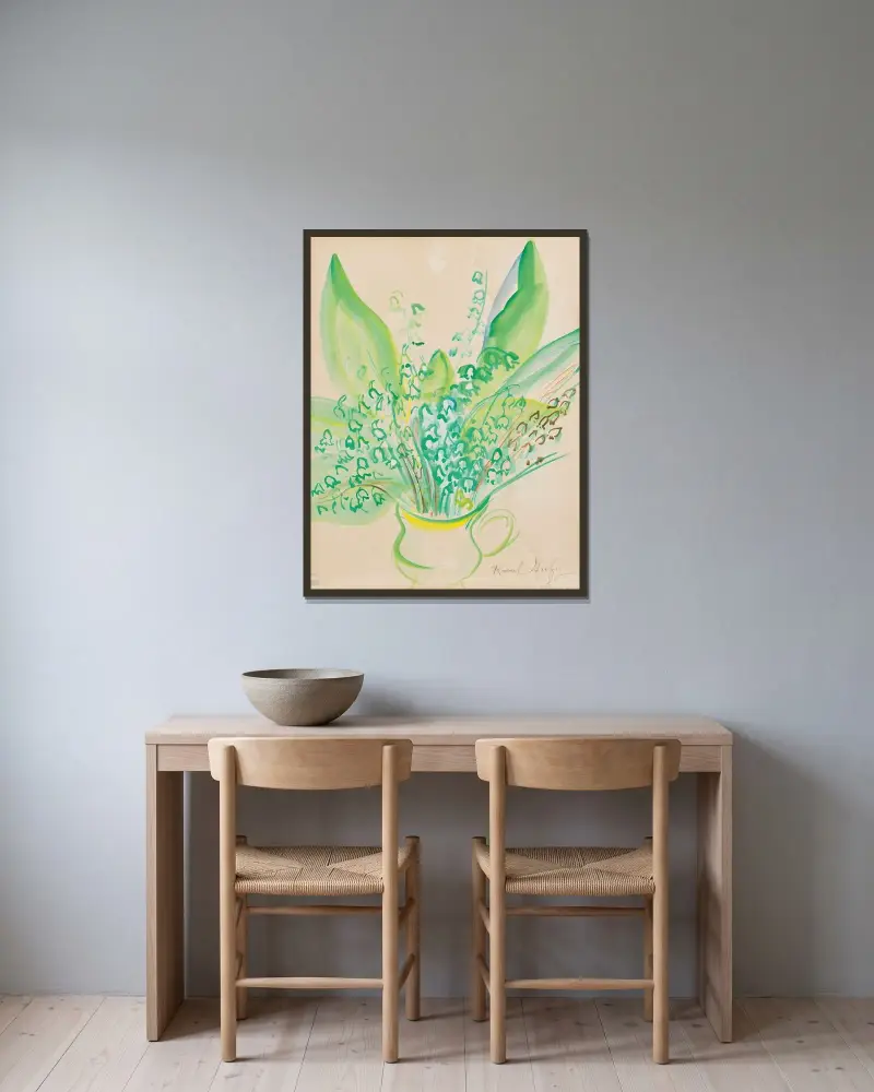 Liljekonvaljebukett av Raoul Dufy inramad på en vägg