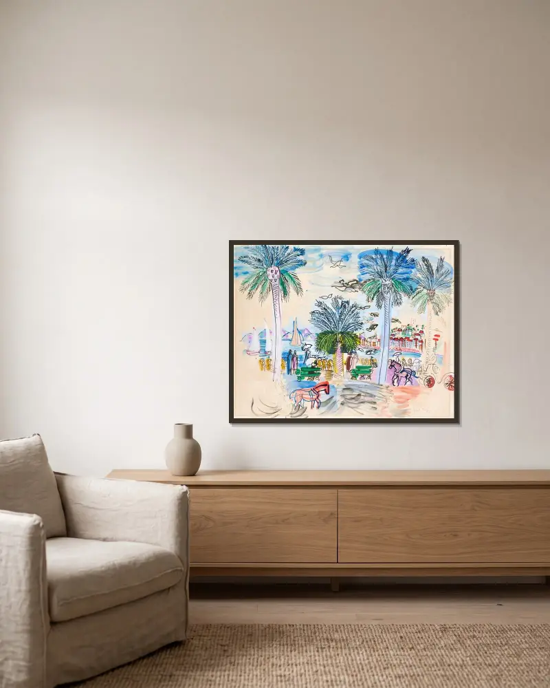 Cannes, Le Suquet sett från Croisette av Raoul Dufy inramad på en vägg