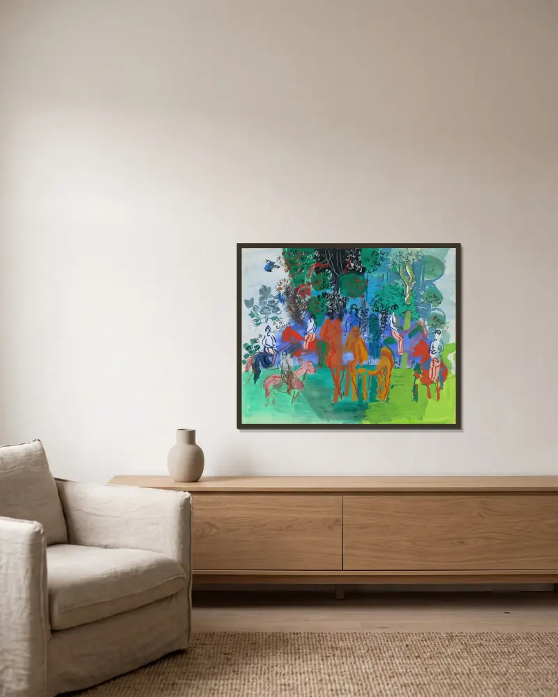Ryttare i skogen av Raoul Dufy inramad på en vägg