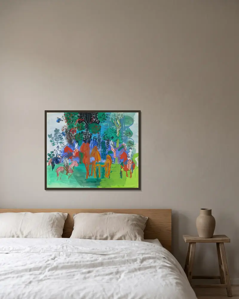 Ryttare i skogen av Raoul Dufy inramad på en vägg
