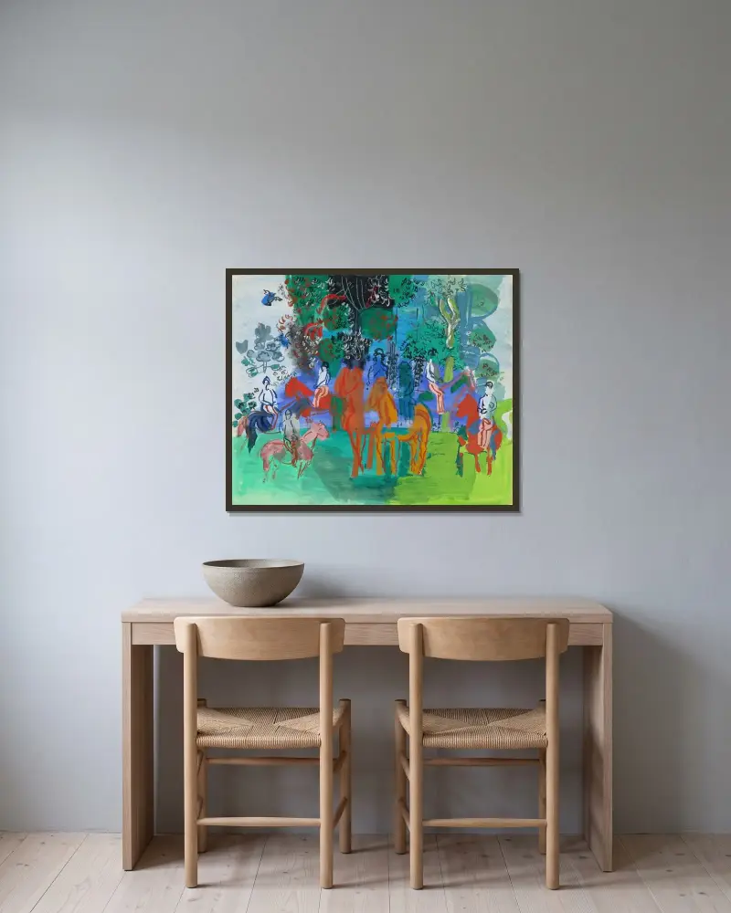 Ryttare i skogen av Raoul Dufy inramad på en vägg