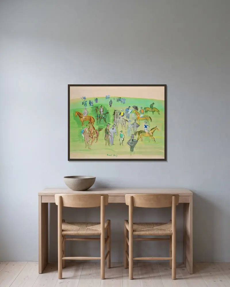 Konie i dżokeje na trawniku, Raoul Dufy w ramie na ścianie