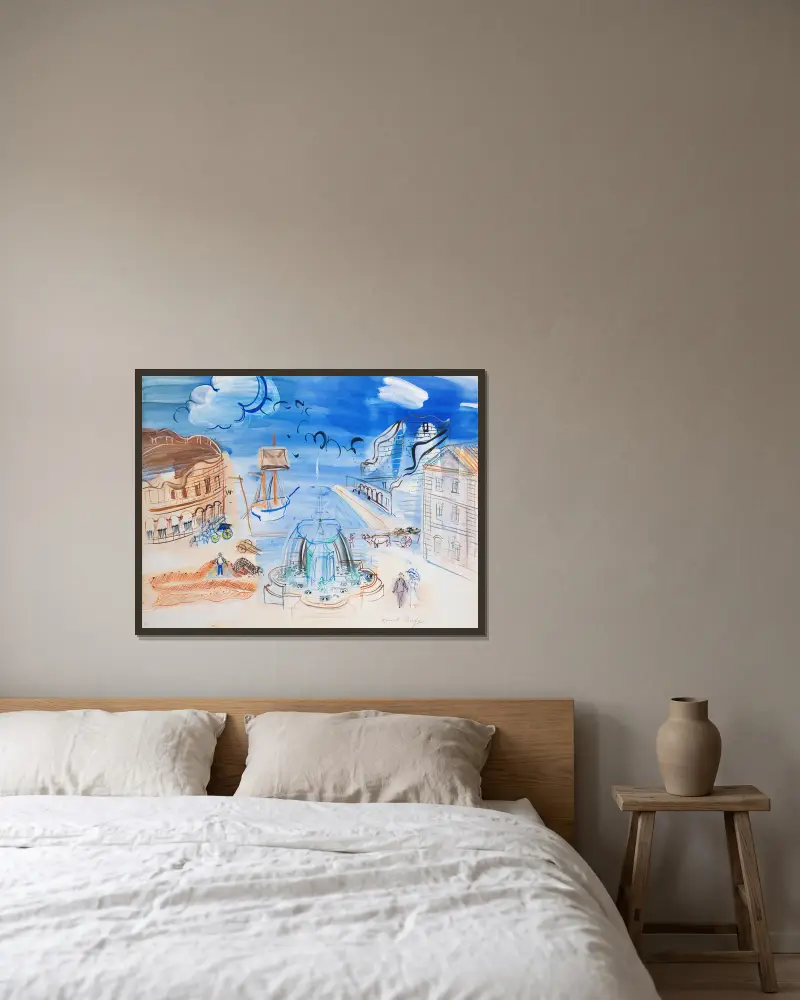 Komposition mit Hafen und Brunnen von Raoul Dufy gerahmt an einer Wand