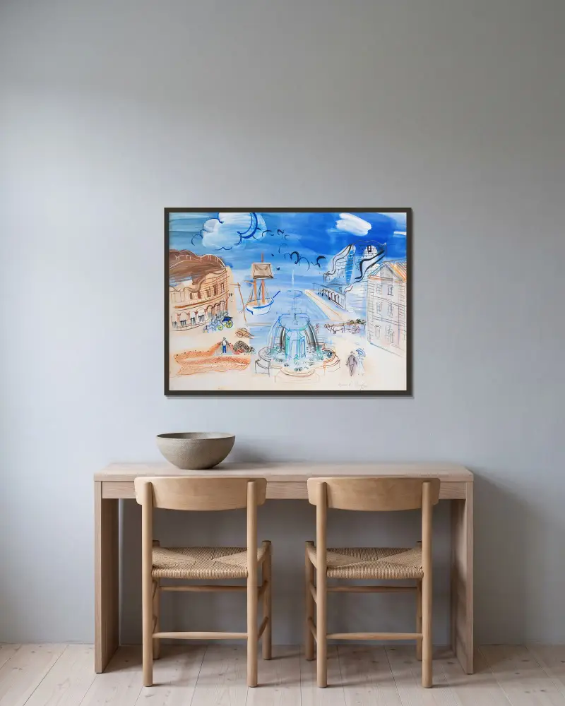 Komposition mit Hafen und Brunnen von Raoul Dufy gerahmt an einer Wand