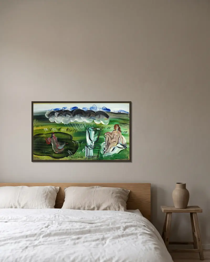 Komposition med vas och nakna figurer av Raoul Dufy inramad på en vägg