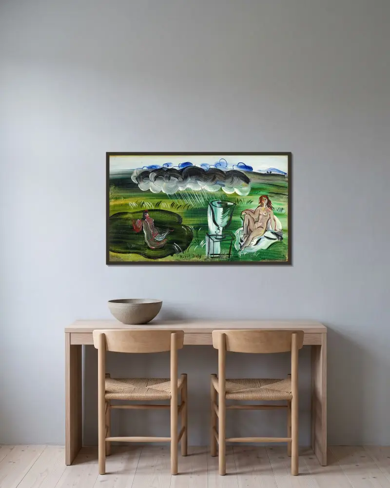 Komposition med vas och nakna figurer av Raoul Dufy inramad på en vägg