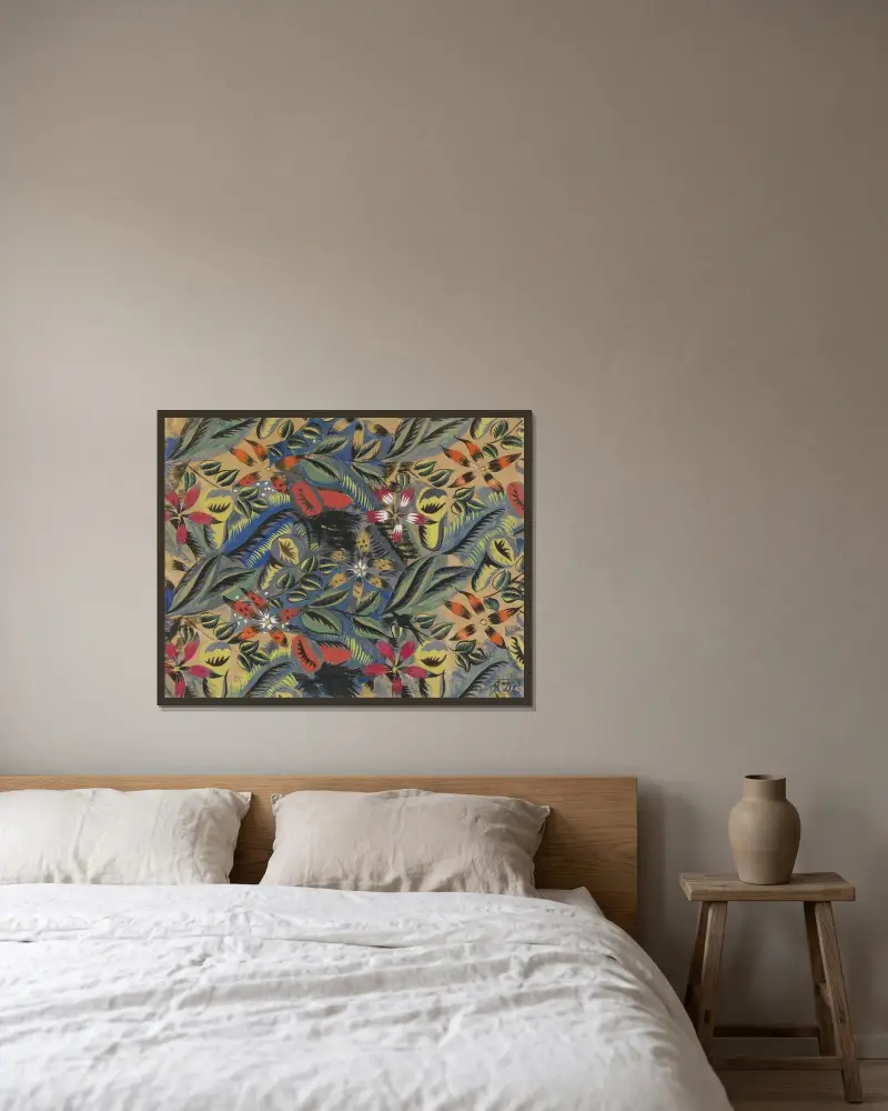 Blomsterkomposition med amariljer av Raoul Dufy inramad på en vägg