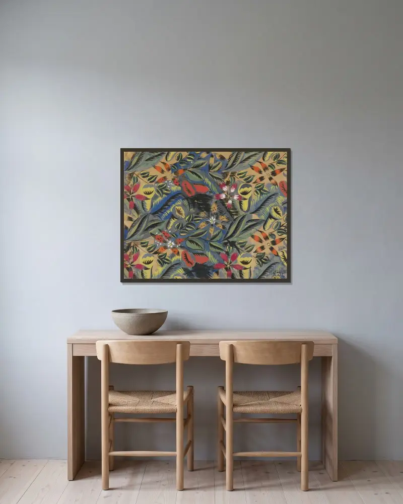 Blomsterkomposition med amariljer av Raoul Dufy inramad på en vägg