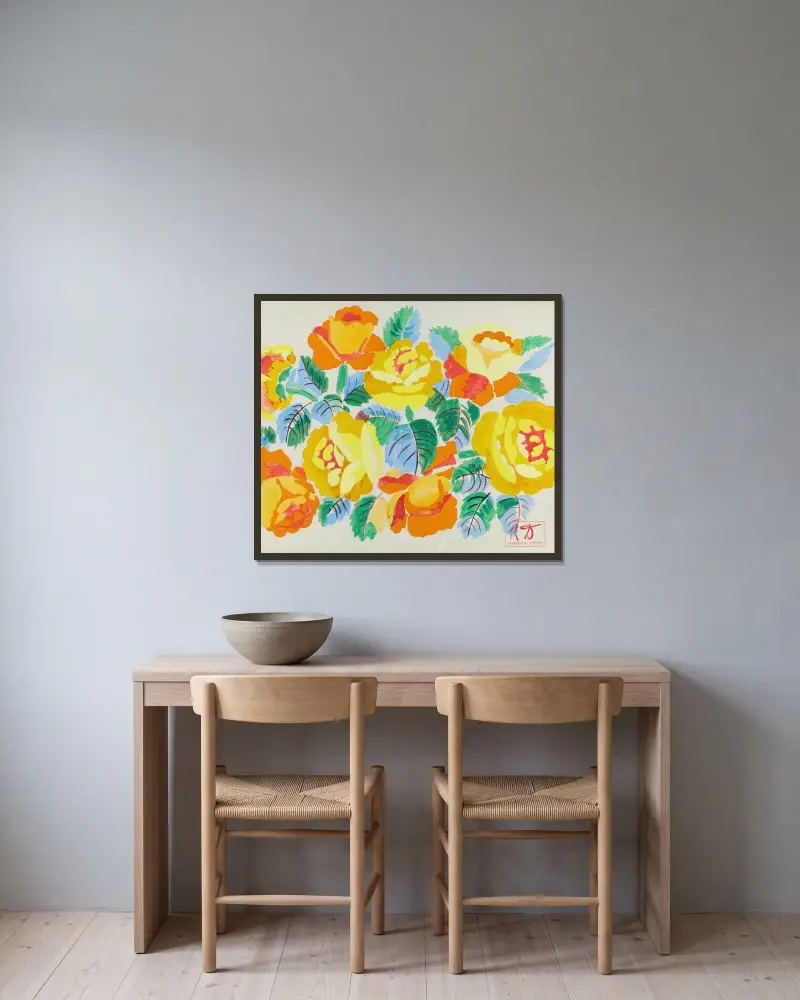 Komposition med gula rosor av Raoul Dufy inramad på en vägg