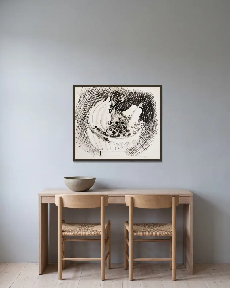 Päron i kompottskål av Raoul Dufy inramad på en vägg