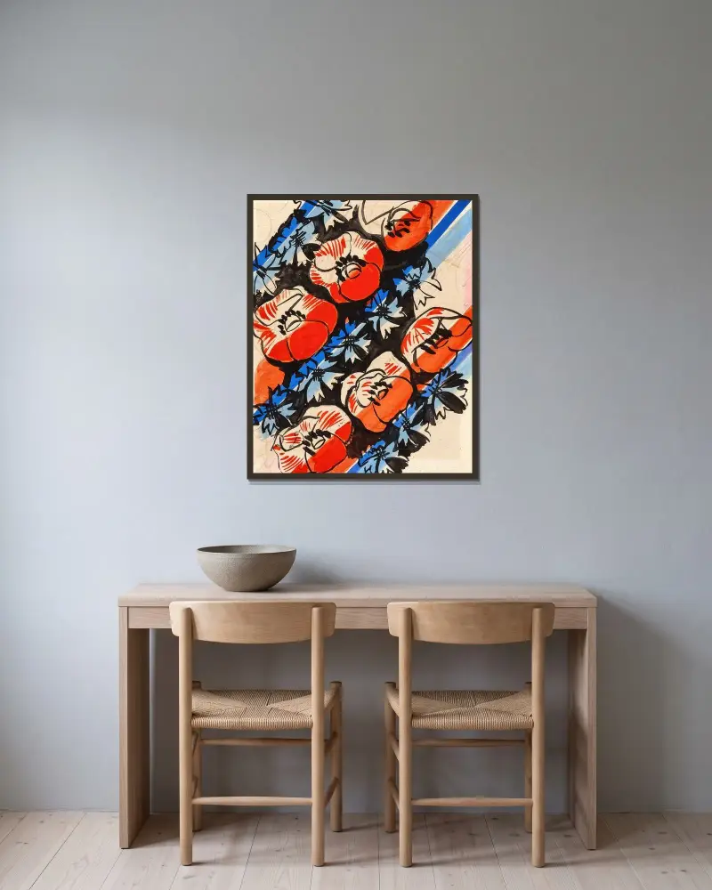 Kornvallmo och blåklint mot svart bakgrund av Raoul Dufy inramad på en vägg