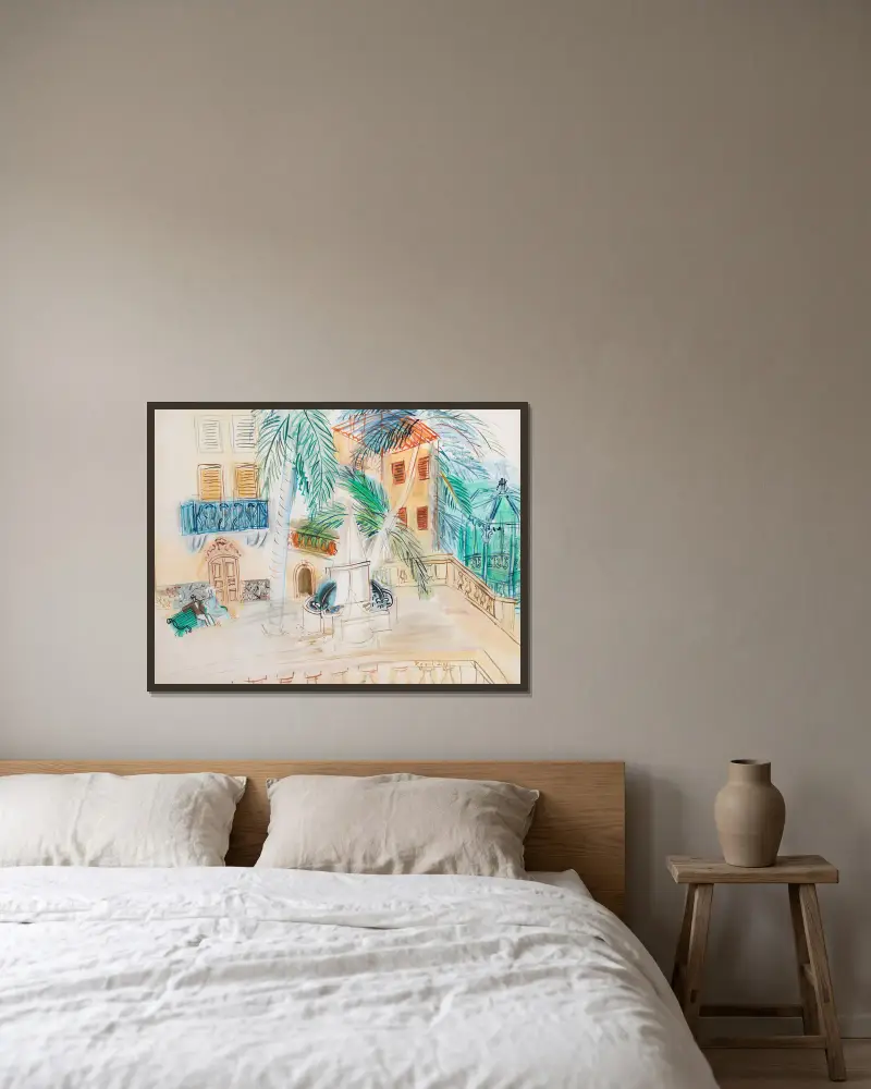 Par på en bänk, Place d’Hyères av Raoul Dufy inramad på en vägg