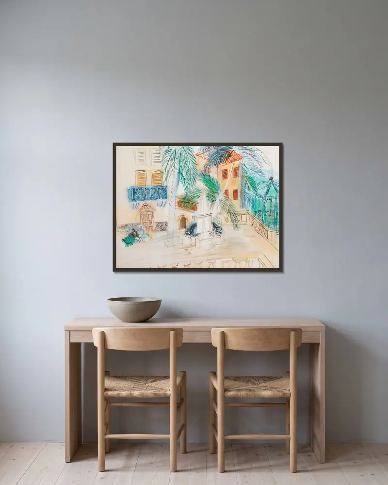 Par på en bänk, Place d’Hyères av Raoul Dufy inramad på en vägg