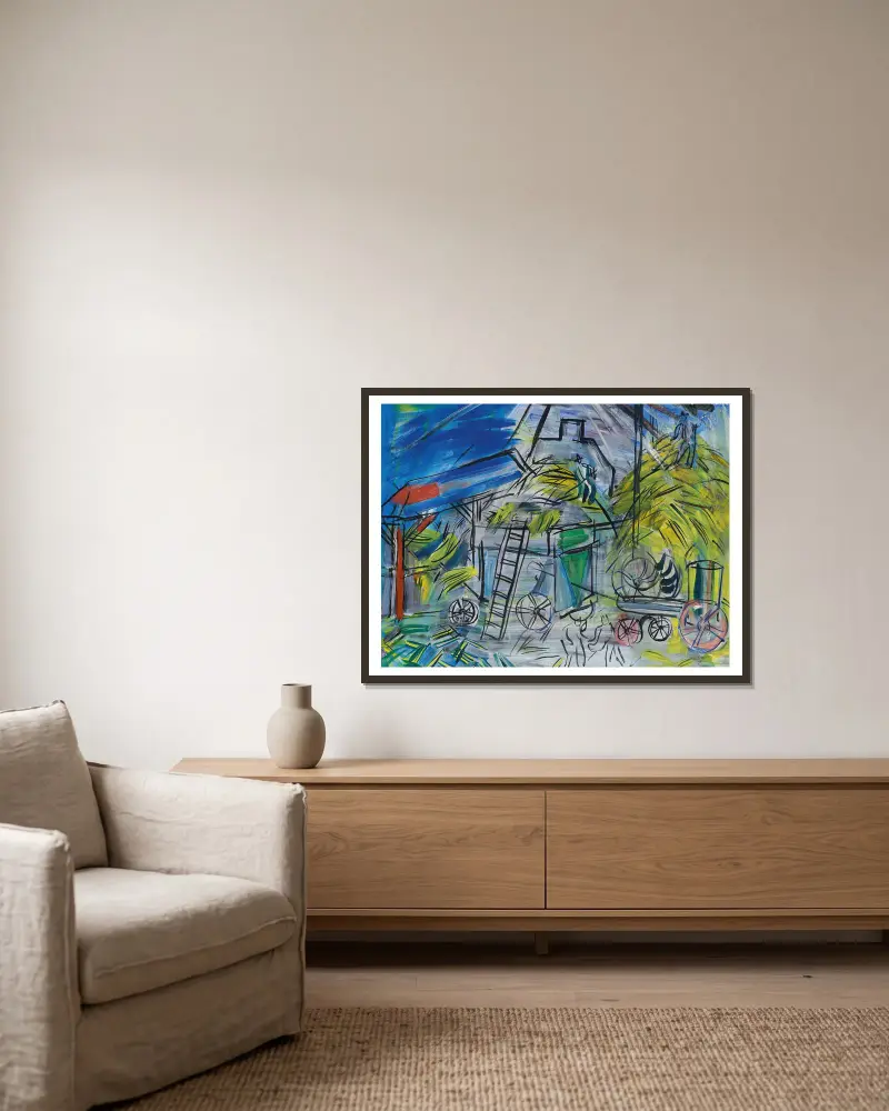 Dépiquage au ciel orageux av Raoul Dufy inramad på en vägg