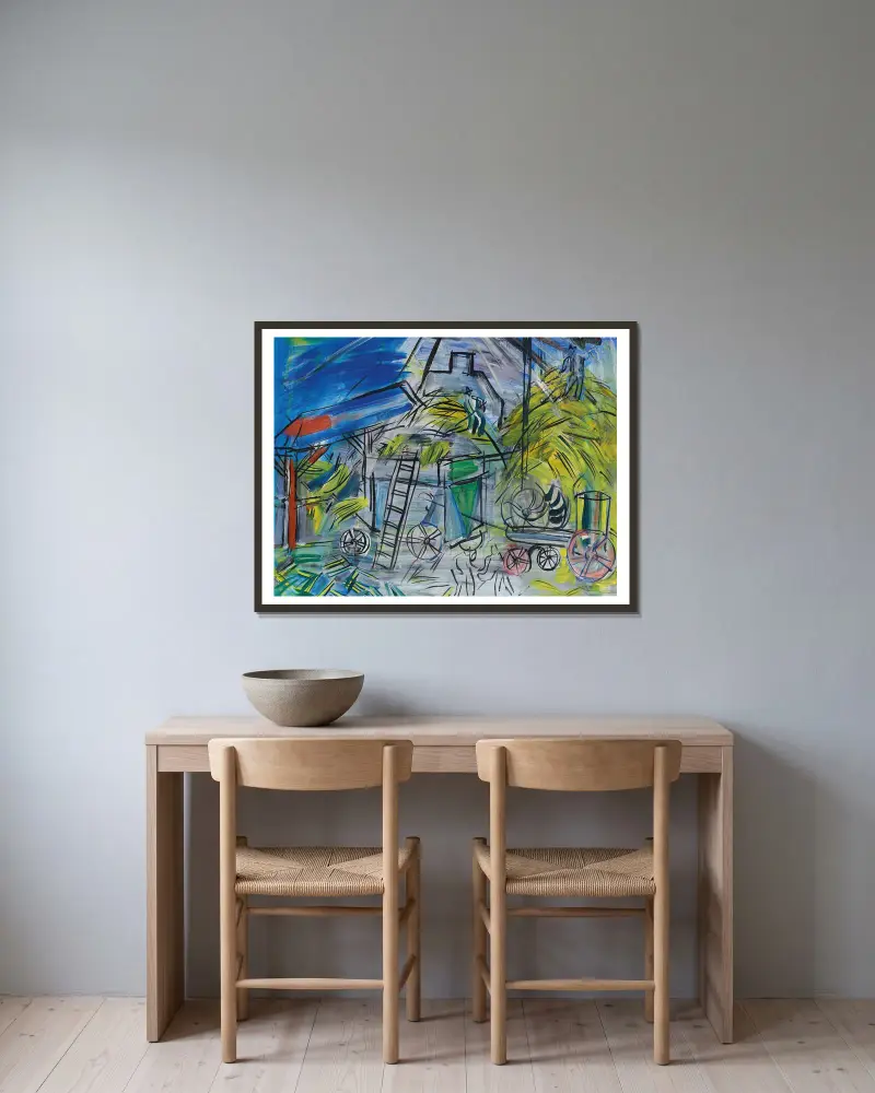 Dépiquage au ciel orageux av Raoul Dufy inramad på en vägg