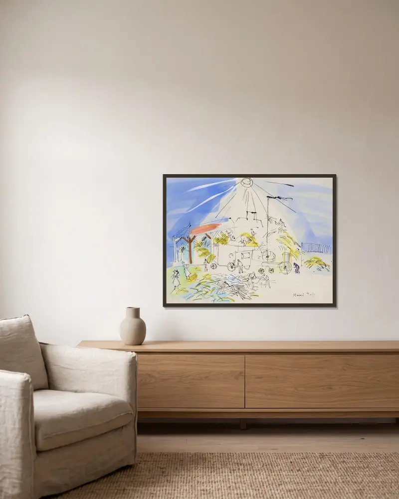 Tröskning i solen av Raoul Dufy inramad på en vägg