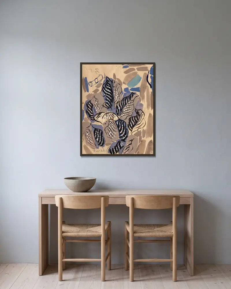 Studie av löv i svart, rosa och grått av Raoul Dufy inramad på en vägg