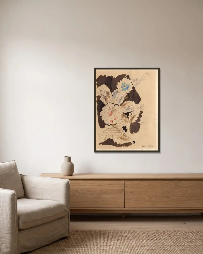 Studie blauer und roter Blumen von Raoul Dufy gerahmt an einer Wand