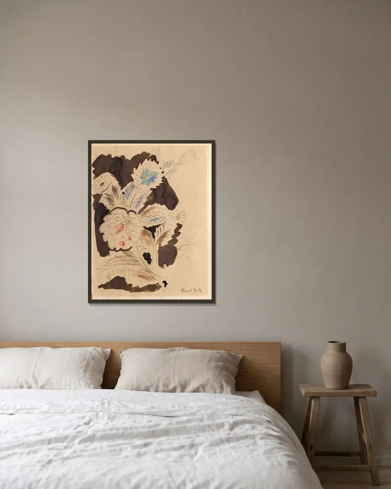 Studie blauer und roter Blumen von Raoul Dufy gerahmt an einer Wand