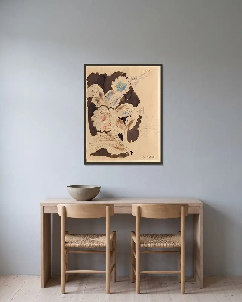 Studie blauer und roter Blumen von Raoul Dufy gerahmt an einer Wand