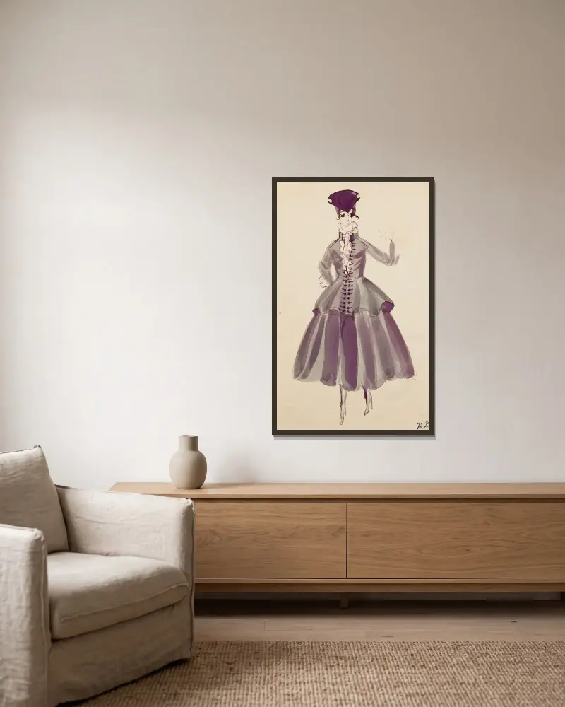 Studie av klänning för Paul Poiret av Raoul Dufy inramad på en vägg