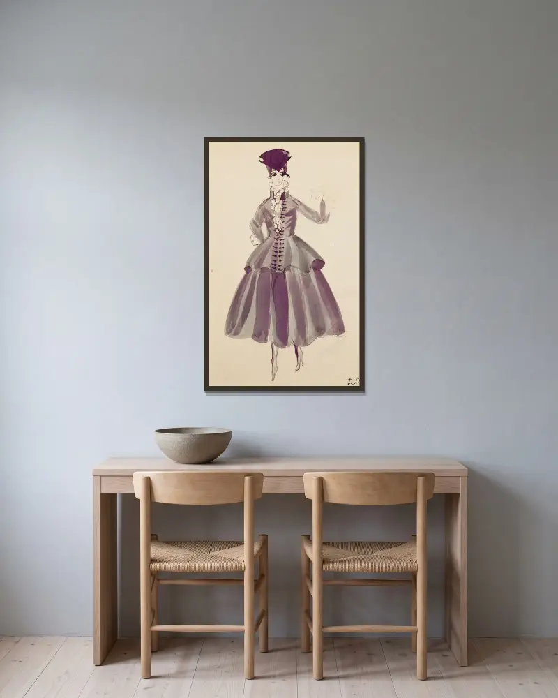 Studie av klänning för Paul Poiret av Raoul Dufy inramad på en vägg