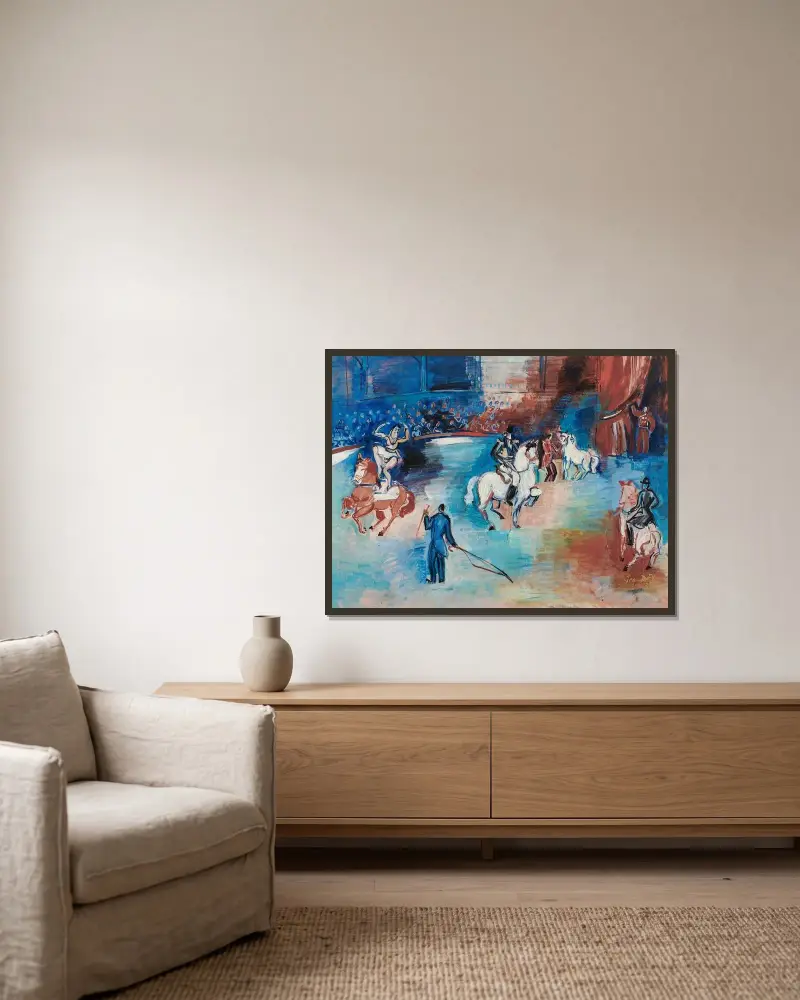 Fantaisie équestre av Raoul Dufy inramad på en vägg