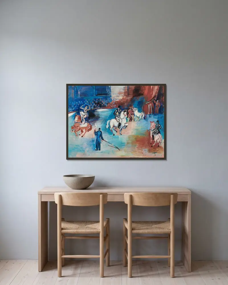 Fantaisie équestre av Raoul Dufy inramad på en vägg