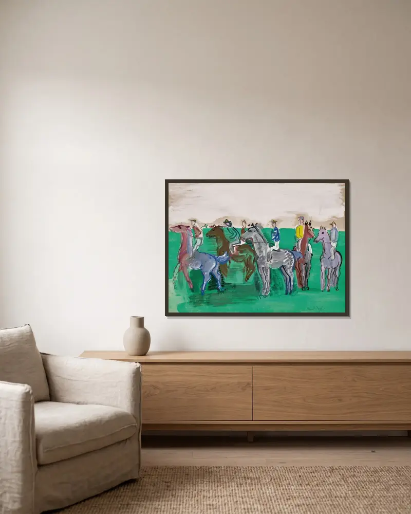Jockeys och hästar före start av Raoul Dufy inramad på en vägg