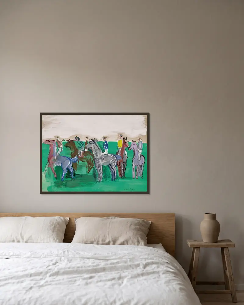Jockeys och hästar före start av Raoul Dufy inramad på en vägg