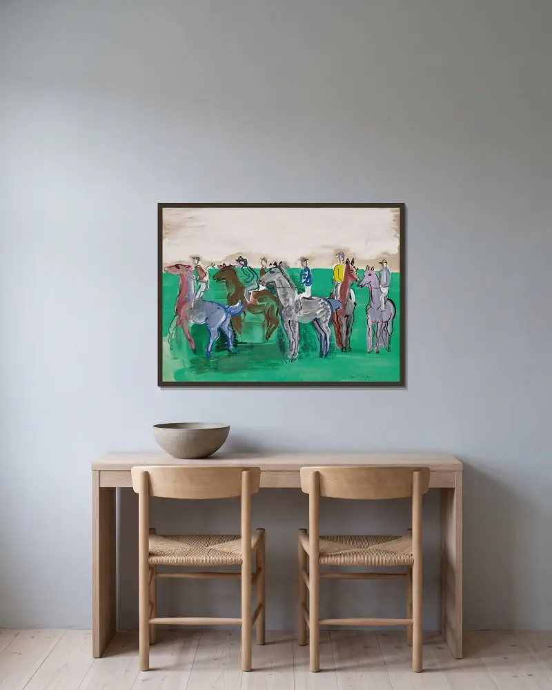Jockeys och hästar före start av Raoul Dufy inramad på en vägg