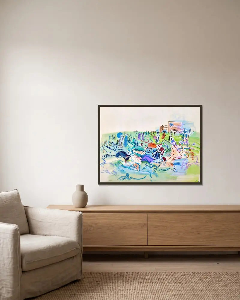 Kapplöpningen i Epsom av Raoul Dufy inramad på en vägg