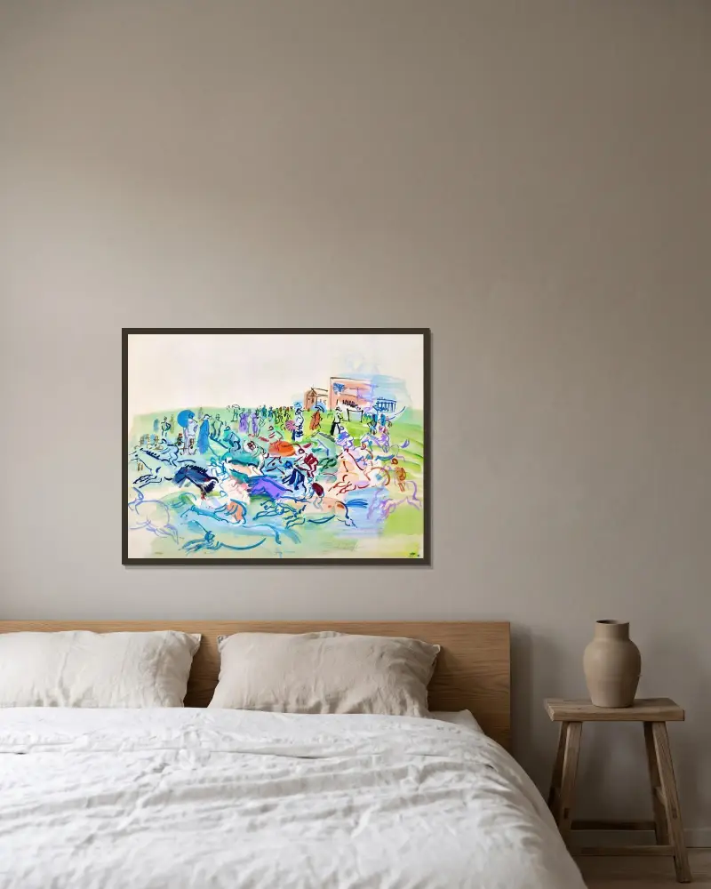 Kapplöpningen i Epsom av Raoul Dufy inramad på en vägg