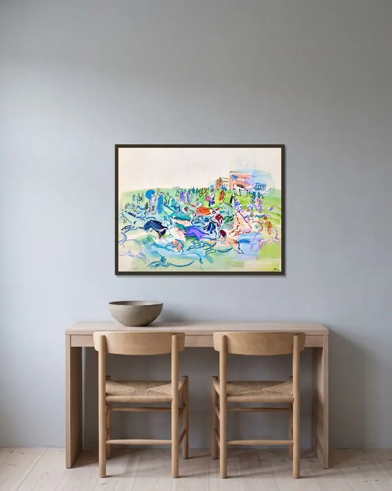 Kapplöpningen i Epsom av Raoul Dufy inramad på en vägg