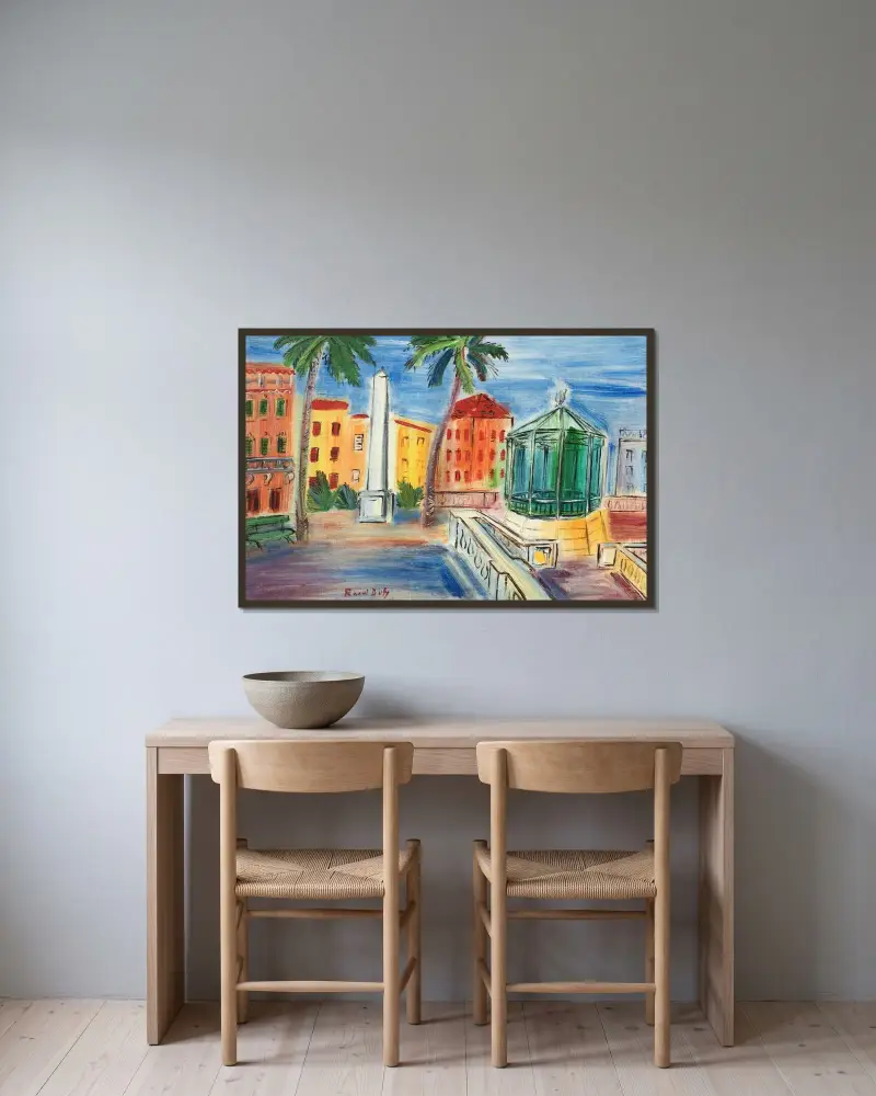 Place d'Hyères, obelisken och musikpaviljongen av Raoul Dufy inramad på en vägg